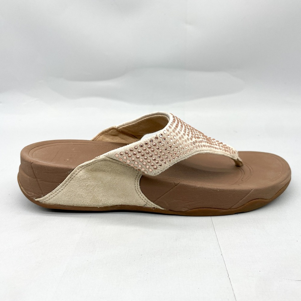 FitFlop Womens 8 Lulu Crystal Embellished Suede Sandals Beige Tan Thong Comfort - Picture 2 of 12